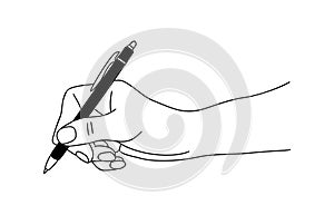 Hand holding ball pen vector isolated on white.