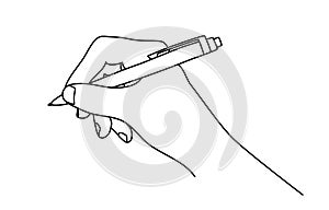 Hand holding a ball pen, writing or drawing, isolated on white background