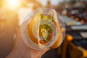 Hand holding Banh Mi - Vietnamese Sandwich, popular street food from bread stuffed with raw material: pork, ham, pate, egg and
