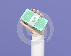 Hand holding banknotes on a blue background.