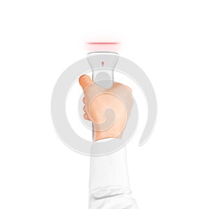 Hand holding bar code scanner . Barcode scan technology.