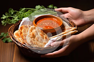 hand holding a basket of naan bread next to rogan josh