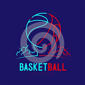 Hand holding Basketball with cloud radius logo icon outline stroke set dash line design illustration isolated on dark blue