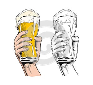 Hand holding a beer glass. Vintage engraving style vector illustration photo