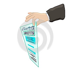 Hand holding benefits package isolated on white background. Contract document with employee benefit.