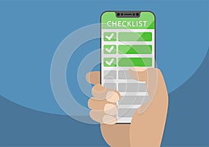 Hand holding bezel-free smartphone with green checklist as concept for mobile and online todo lists. Vector illustration with fra