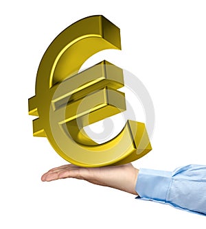Hand holding big golden euro symbol