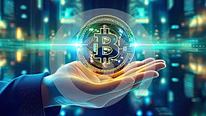 Hand holding bitcoin Cryptocurrency digital , money , Generative AI Illustration.