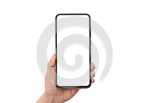 Hand holding black cell phone smartphone with blank white screen and modern frame less design, isolated on white background.