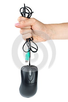 Hand holding black computer mouse