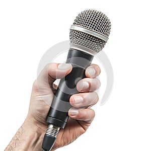 Hand holding a microphone on white background