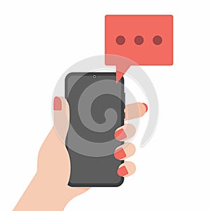 Hand holding black mobile phone with red chat bubbles on the screen isolated on background.