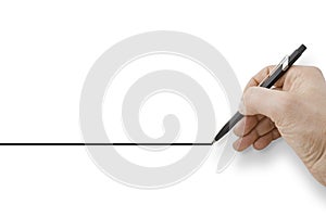 Hand holding a black pencil drawing a perfectly straight black line on white background