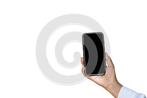 Hand holding black phone isolated on white background