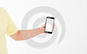 Hand holding black phone isolated on white clipping path inside. Top view.Mock up.Copy space.Template.Blank.
