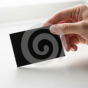 A hand holding a black rectangular object against a white background