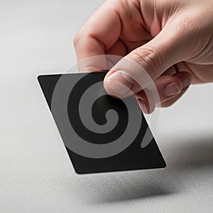 A hand holding a black rectangular object against a white background