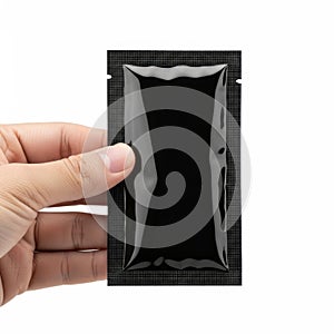 Hand holding black rectangular object isolated on white background