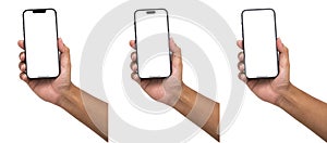 Hand holding the black smart phone 14 with blank screen - isolated on white background - Clipping Path