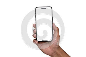Hand holding the black smart phone with blank screen and modern frameless - isolated on white background - Clipping Path