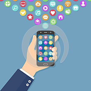 Hand holding black smart phone with colorful application icons on the screen. Mobile application concept. Flat vector illustration