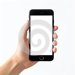 A hand holding a black smartphone with a blank screen against a plain background