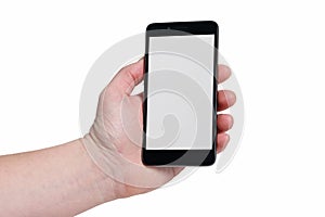 Hand holding the black smartphone with blank screen and modern frame less design - isolated on white background