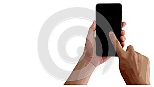 hand holding black smartphone with blank screen and stylish frameless design, two angled and vertical positions