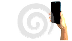 hand holding black smartphone with blank screen and stylish frameless design, two angled and vertical positions - isolated on whit