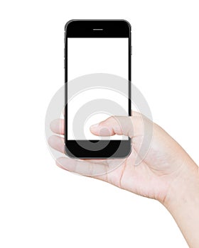 Hand holding black smartphone clipping path screen display