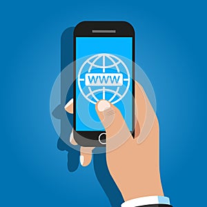 Hand holding black smartphone and finger touch on internet icon. Vector.