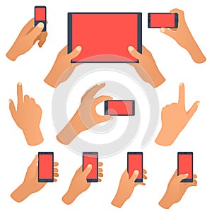 Hand holding black smartphone, touching blank white screen.