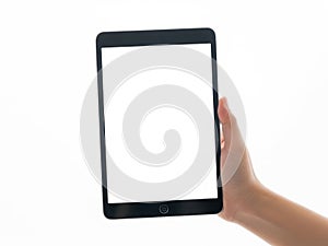 Hand holding black tablet