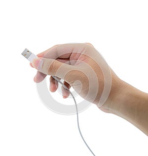 Hand holding black USB cable
