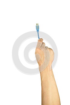 hand holding black USB data storage or connecting computer device with USB cable, isolated on white background