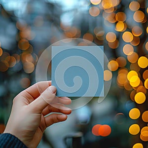 Hand holding blank blue paper with a soft bokeh background