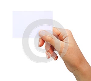 Hand holding blank business card isolated