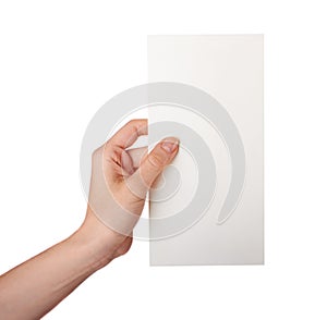 Hand holding a blank business card isolated