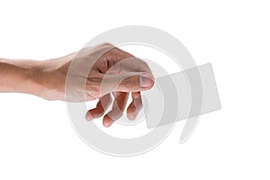 The hand holding a blank card isolated on white background,Clipping path Included