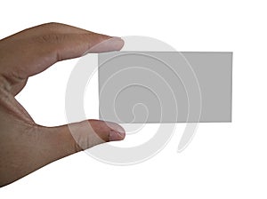 Hand holding a blank card on white background