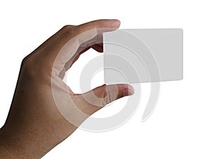 Hand holding a blank card on white background