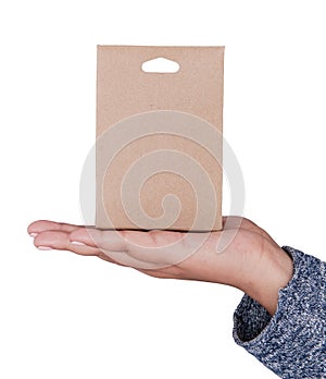 Hand holding blank carton box. Mockup for design