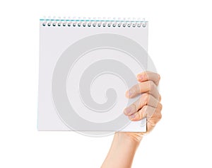 Hand holding blank notebook