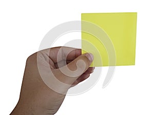 Hand holding a blank notepaper on white background