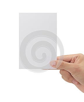 Hand holding blank paper isolated on white background with clipping path, Greeting card mockup.