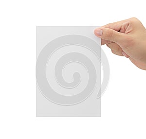 Hand holding blank paper isolated on white background with clipping path, Greeting card mockup.