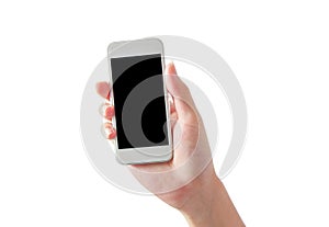 Hand holding blank phone isolated