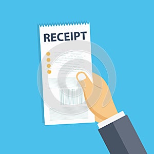 Hand holding blank receipt. Bill template or restaurant paper financial check. Flat vector