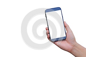 Hand holding blank smart phone on white background