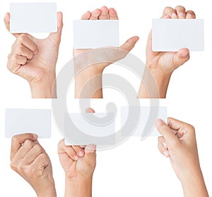 Hand holding blank white card isolated with clipping path